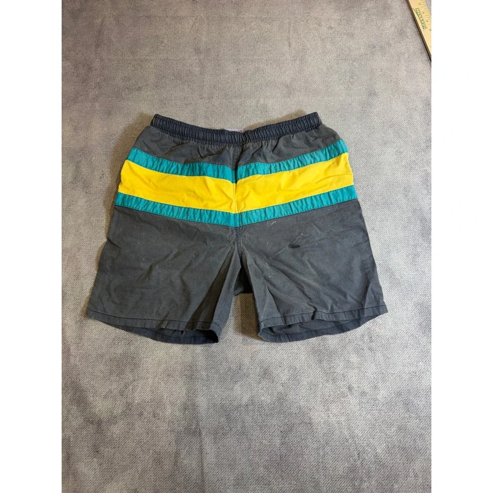 Campus Mens Vintage Swim Trunks Gray Yellow Teal Striped Mesh Lined Size Medium
